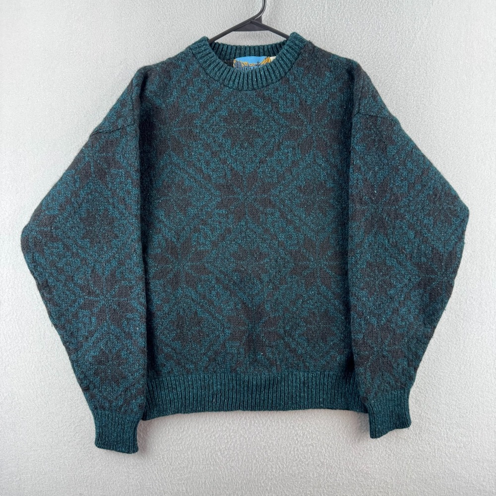 Vintage Timber Valley Sweater Mens Medium Green Wool Crew Fair isle Fisherman